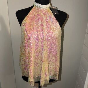 Free People Sequin Halter Top - Cream and Pink